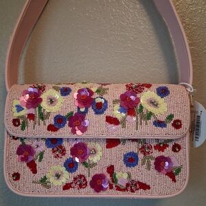 STAUD Pink Floral Embellished Shoulder Bag
